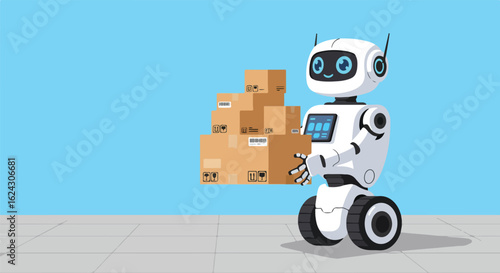 Robot carrying cardboard boxes on pavement for delivery. Blue plain background