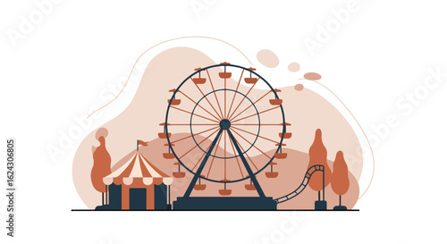 Carnival scene with ferris wheel, tent, roller coaster and trees. Background art