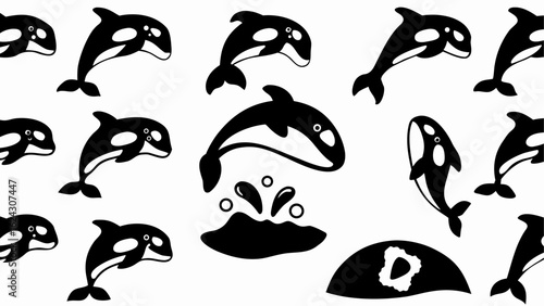 Black and white illustration featuring multiple orcas in various poses and a water splash design element silhouette