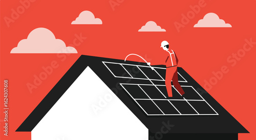 Installer works on solar panels on roof against red sky with clouds. Tech Concept