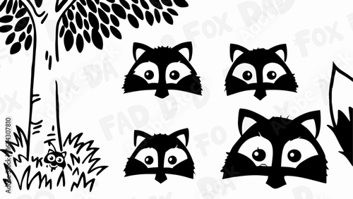 Cartoon scene featuring a tree, grass, and several raccoon heads in a black and white illustration silhouette