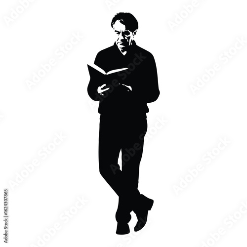 Man standing with book silhouette reading knowledge