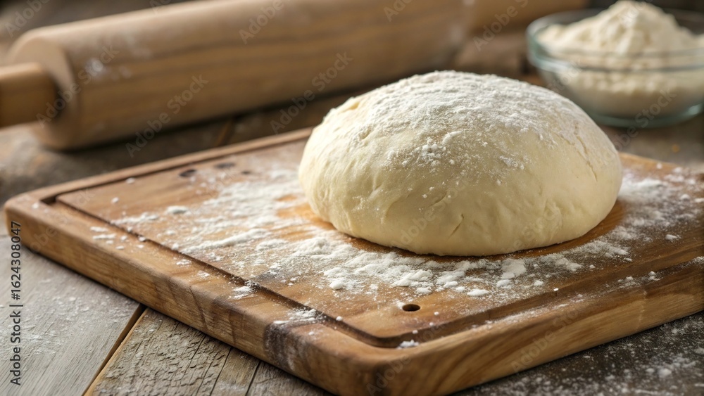 Fresh dough ball with flour on wooden board, ready for baking bread or pizza, with rolling pin and bowl of flour Fresh dough ball with flour on wooden board, ready for baking bread or pizza, with rolling pin and bowl of flour