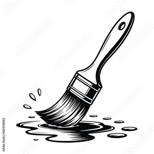 Hand drawn sketch of a paintbrush dipped in wet paint splashing