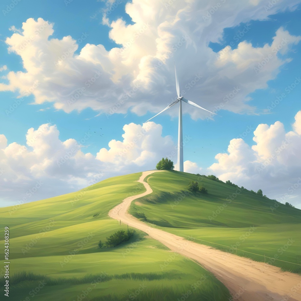 Obraz premium A lone wind turbine on a gently sloping green hill, with soft, fluffy clouds drifting across a pale blue sky. Light color palette