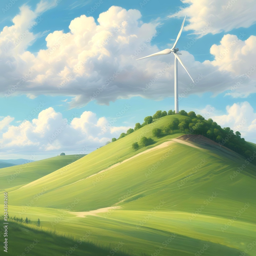 Fototapeta premium A lone wind turbine on a gently sloping green hill, with soft, fluffy clouds drifting across a pale blue sky. Light color palette