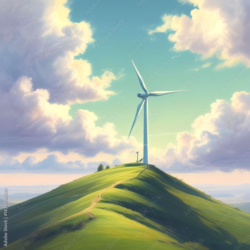 Obraz premium A lone wind turbine on a gently sloping green hill, with soft, fluffy clouds drifting across a pale blue sky. Light color palette