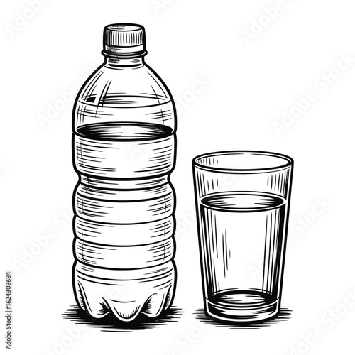 Hand drawn sketch of a plastic water bottle next to a clear glass of water