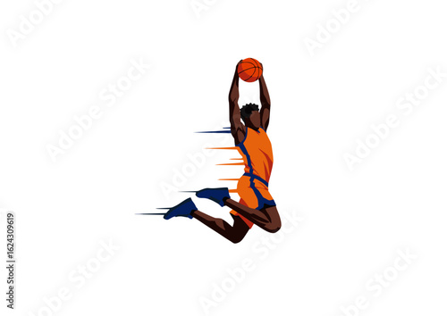Dynamic illustration of a basketball player jumping for a slam dunk. Athlete in mid-air with speed lines on a white background.