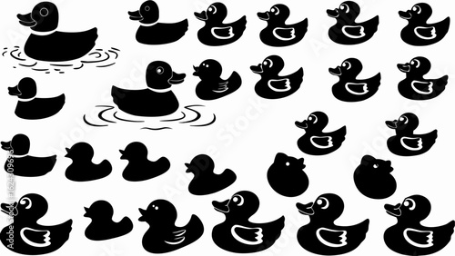 Collection of black silhouette rubber ducks in various poses and some floating on water surface design