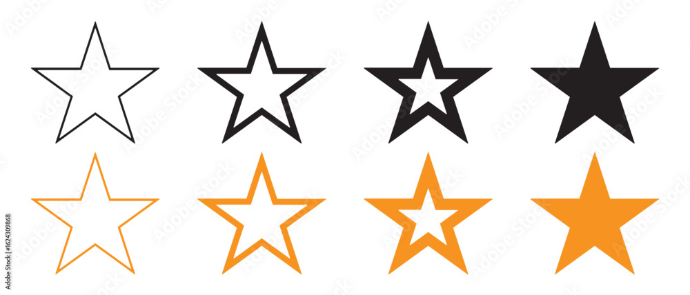 Star Rating Icons Set. Black and Orange Variants with Fill Levels for Reviews and UI Design.