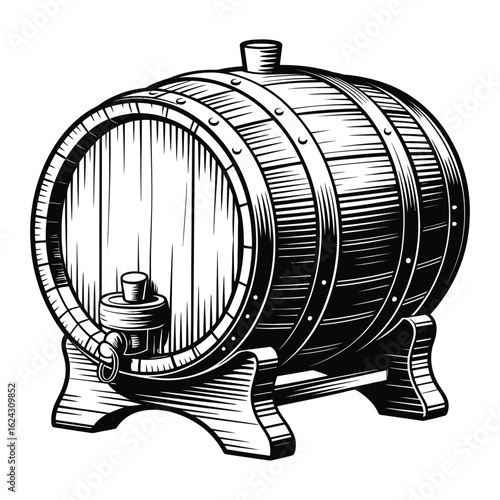 Vintage wooden barrel with tap on stand illustration in black and white