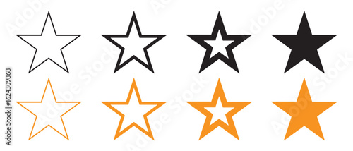 Star Rating Icons Set. Black and Orange Variants with Fill Levels for Reviews and UI Design.