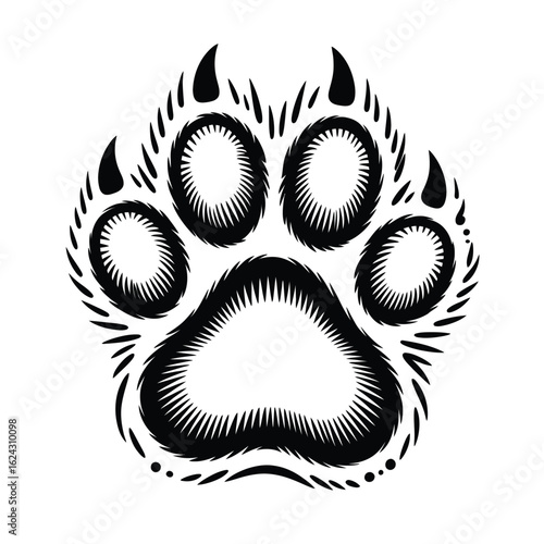 Detailed black and white illustration of a large animal paw print with sharp claws