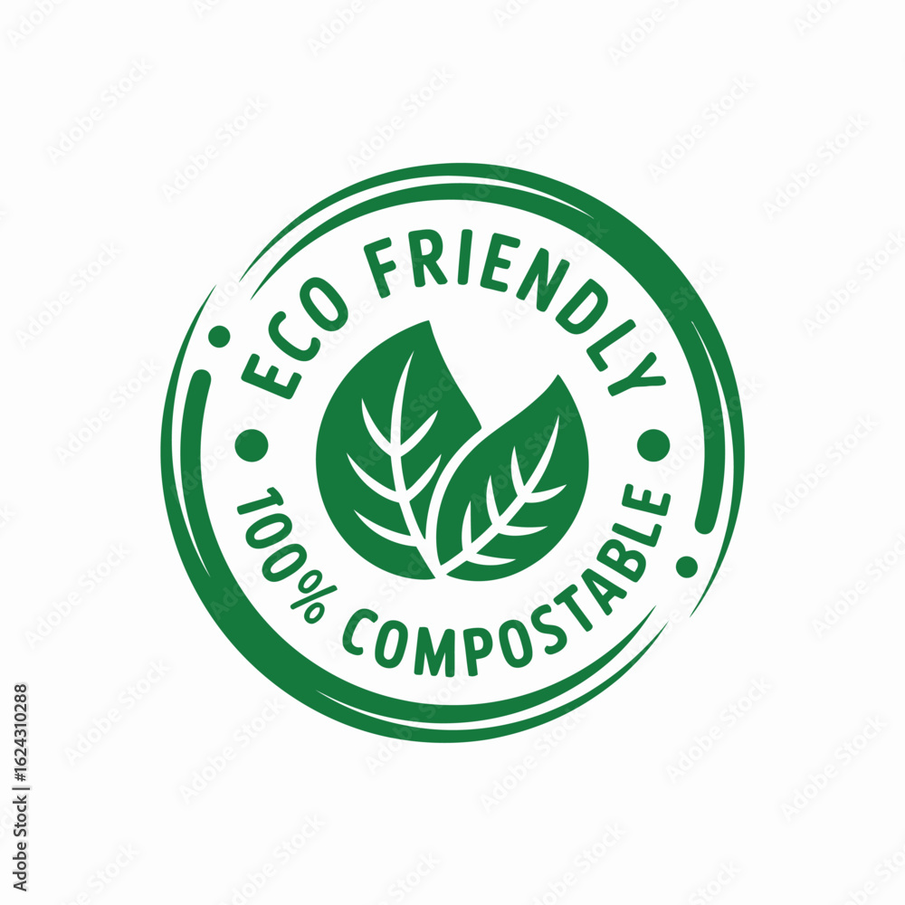Green circular badge with leaves indicating 100 percent eco friendly compostable product Green circular badge with leaves indicating 100 percent eco friendly compostable product