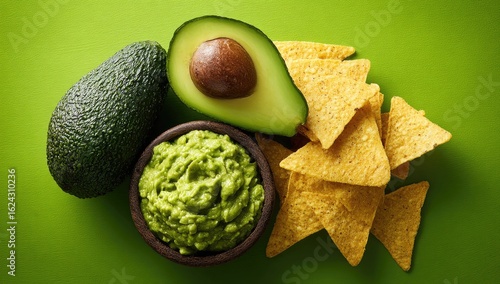 A small bowl of guacamole sits beside halved avocado and tortilla chips on a vibrant green background