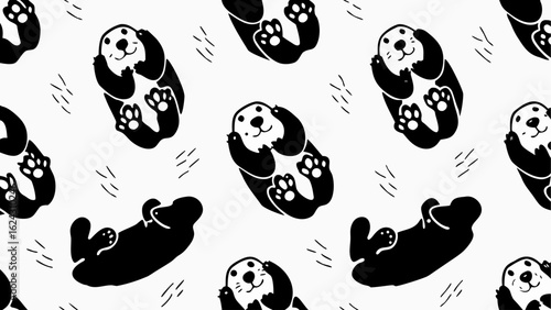 Seamless pattern of black and white otters floating on their backs with small dash accents all around silhouette