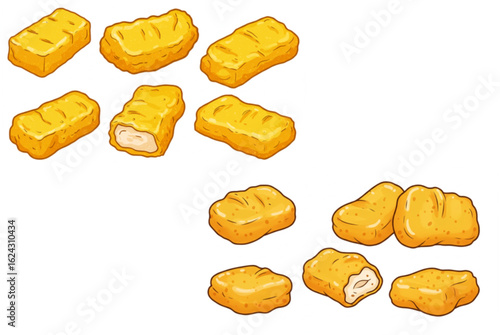 Delicious golden chicken nuggets scattered, ready for dipping and enjoying a tasty snack.