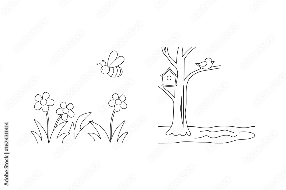 Obraz premium Bee flying near flowers and bird on tree with birdhouse