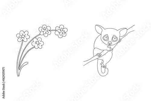 Cute lemur clinging to branch with flowers animal tree