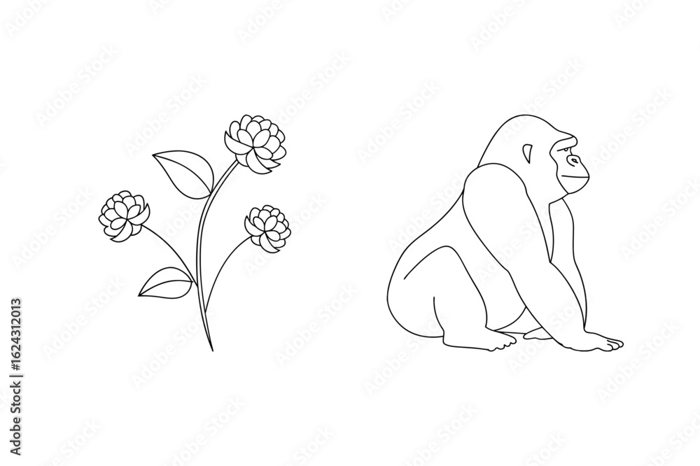 Obraz premium Gorilla and floral plant line art primate animal