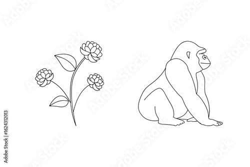 Gorilla and floral plant line art primate animal