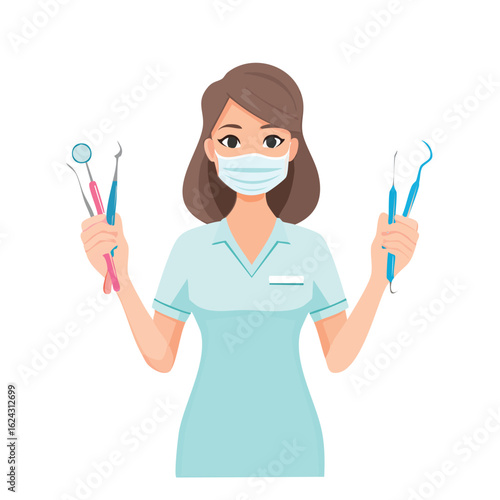 Drawing of a Professional Female Dentist with Dental Tools - AI Generated