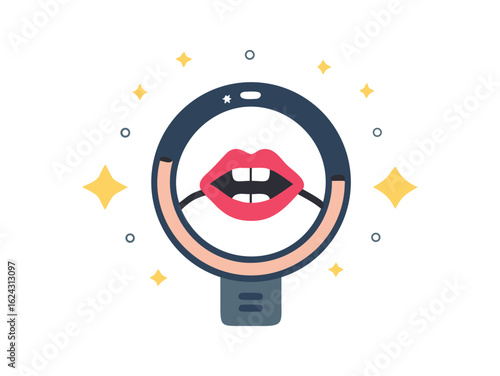 Vector art of closeup of red lips with white teeth illuminated by a ring light, symbolizing beauty and communication isolated on white background.