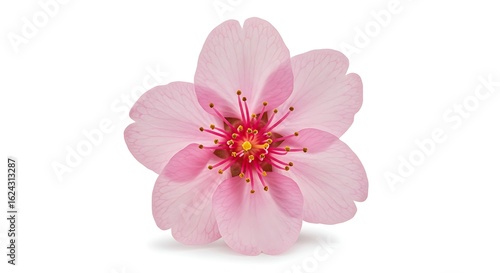A macro photograph of a single, perfect pink cherry blossom flower (sakura).
