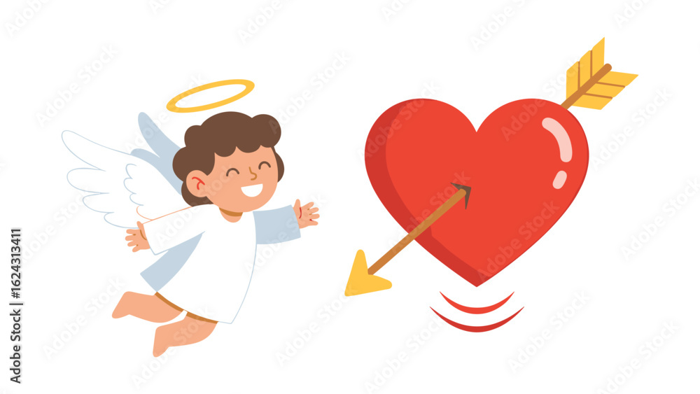 Obraz premium Cute flying angel character with a halo and a red heart pierced by a golden arrow