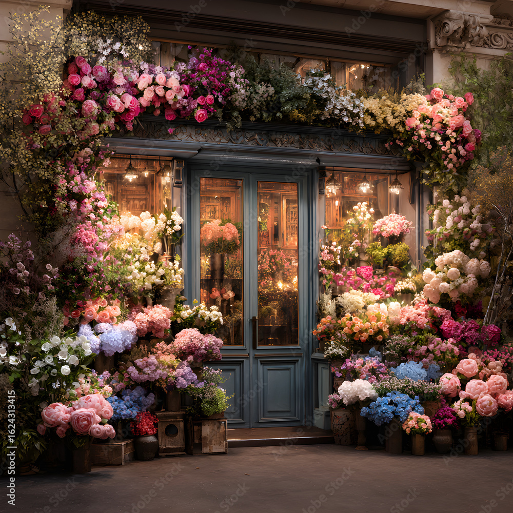 Naklejka premium Charming Flower-Decorated Boutique: Blooming Elegance and Stylish Appeal in One Enchanting Storefront