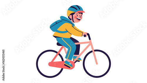 A happy boy with a backpack rides a bicycle wearing a helmet. Vector character illustration.