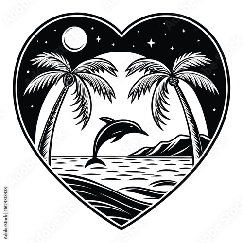 Vector art of heartshaped tropical island with palm trees, dolphin, moon, and stars