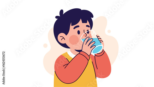 Thirsty young boy drinking fresh water from a glass. Concept of daily hydration and wellness.