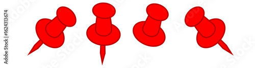 Set of push pins in different styal. Thumbtacks. Top view. Vector illustration