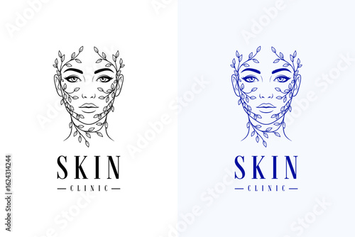 illustration of woman face with thin botanical vines on face, vector logo for skin treatment, herbal, natural, cosmetics brand, organic, skin care, skin clinic, skin specialist, dermatologist and more