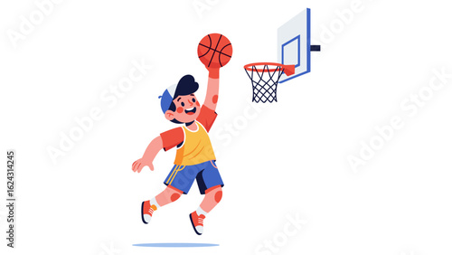 Happy young boy character jumping to make a slam dunk in a basketball game. Vector art.