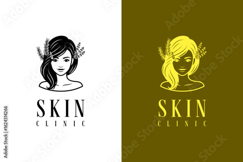 illustration of woman with smile and herbal leaves resting on hair, vector logo for skin care, hair treatment, skin specialist, cosmetics brand, skin wellness, skin clinic, and more