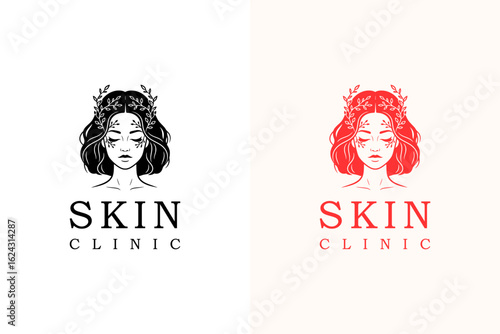 illustration of woman face with hair and tiny botanical vines, vector logo for herbal, acne, anti aging, skin specialist, skin treatment, skin clinic, luxury facial spa, dermatologist, and more