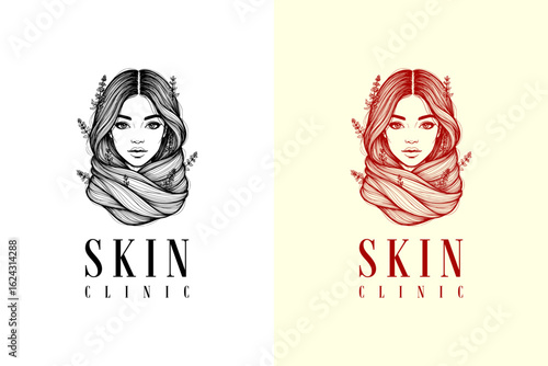 vector illustration of woman's face with hair wrapped around her neck, logo for hair care, skin clinic, makeup, anti aging, cosmetics brand, luxury facial spa, dermatologist, and more