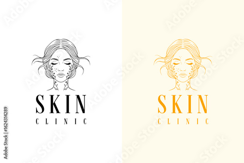 vector illustration of woman's face with hair blowing and vines, logo for skin specialist, skin treatment, cosmetics brand, luxury facial spa, acne, anti aging, dermatologist, skin clinic, and more