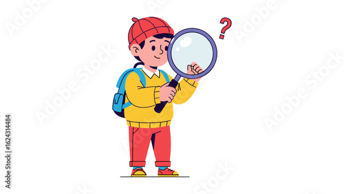 A curious little boy detective with a magnifying glass searching for clues. Vector illustration.