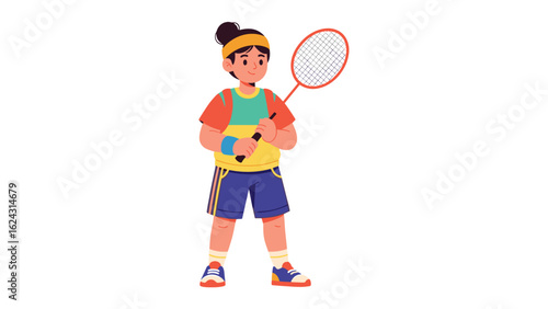 Young girl athlete in colorful sportswear holding a badminton racket vector illustration