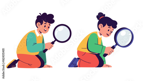A young boy and girl exploring with a magnifying glass, concept of childhood discovery.