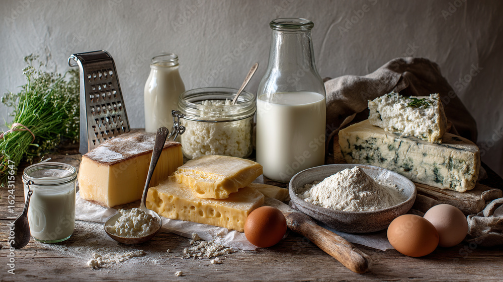 Fototapeta premium Rustic dairy products display with milk, cheese, eggs, and flour on a wooden table, perfect for food photography