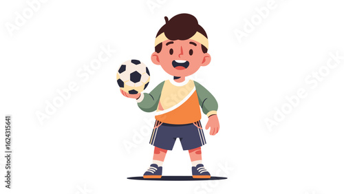 Young soccer player character holding a ball. Happy cartoon kid illustration for sports themes.