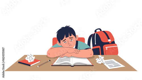A sad and tired schoolboy struggling with his homework, feeling overwhelmed and stressed