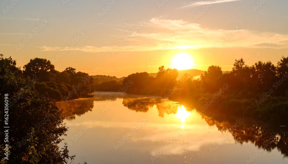 Obraz premium Calm river reflecting a vibrant sunrise, mist hangs low over the water