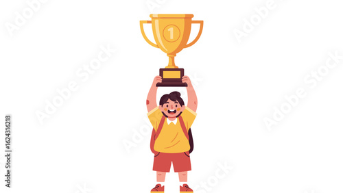 Illustration of a happy schoolboy holding a first place gold trophy celebrating victory.