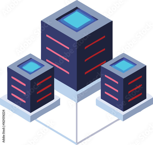 Isometric server racks with blue lights